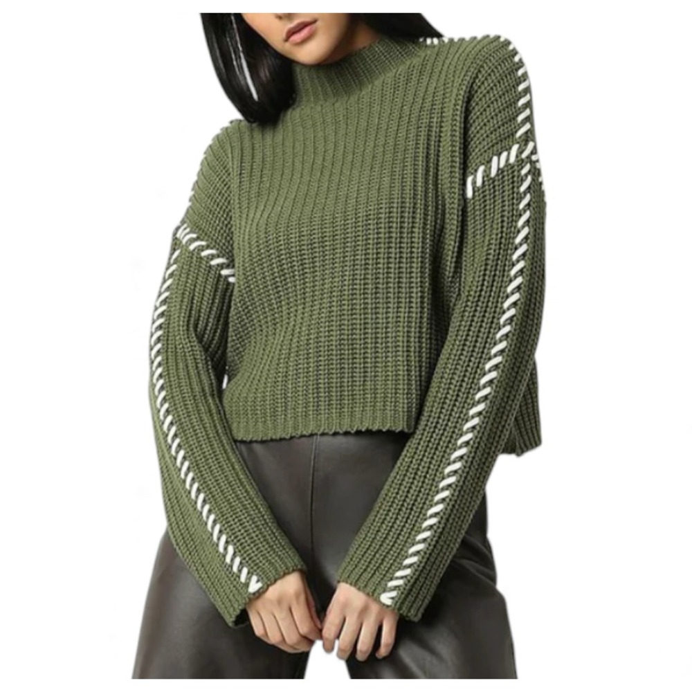 NWT Vero Moda Sweater OLIVE GREEN Cream Stitch Detail FUNNEL NECK CROP Cypress L